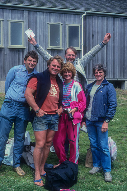 George, John Shaw, Jo, Dougal and John Taylor, outside The Quarters, Lundy Island. (Photo workshop) 